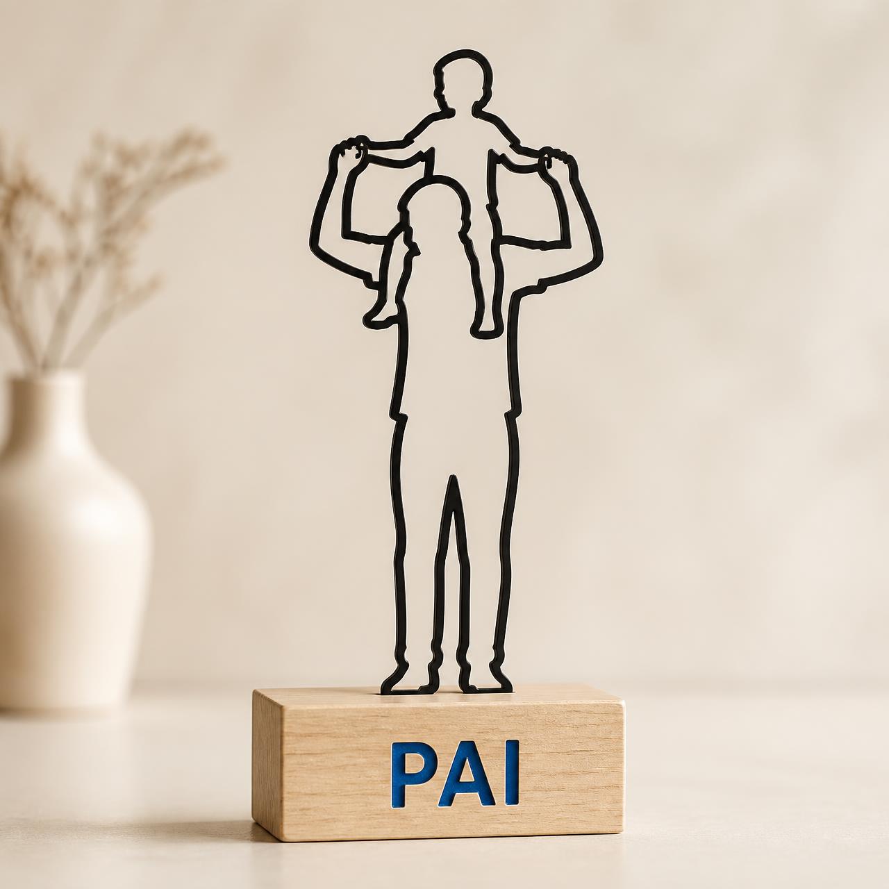Silhueta personalizada de pai com filho nos ombros sobre base de madeira com a palavra PAI gravada em azul